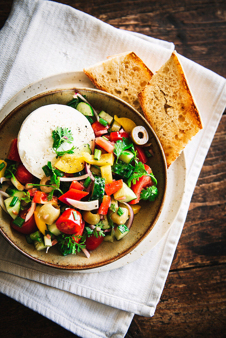 Bulgarian vegetable salad with goat's cheese