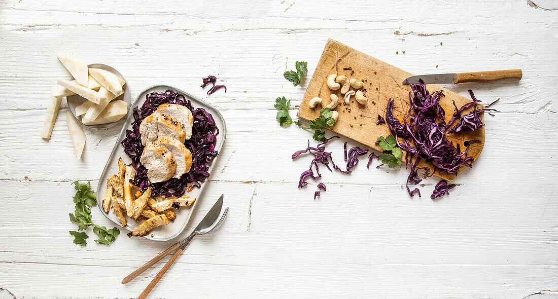 Chicken with Asian red cabbage and sliced celery