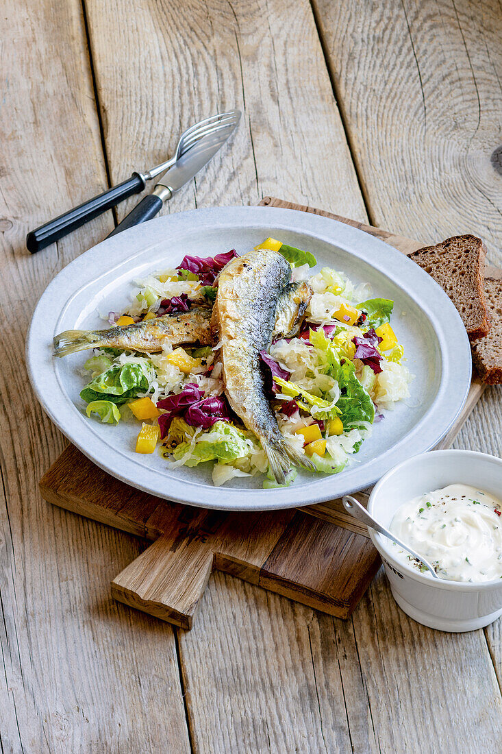 Gebratene Heringe mit Sauerkrautsalat