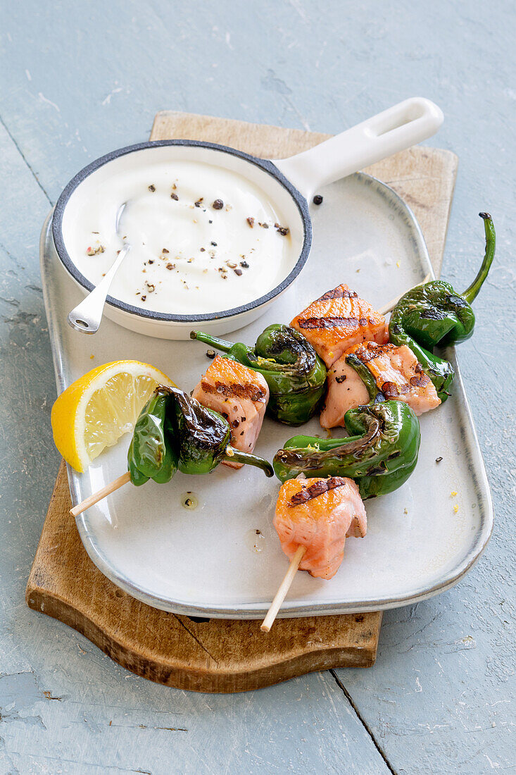 Grilled salmon and shishito pepper skewers