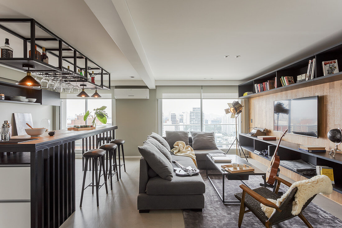 Open-plan interior with seating area and kitchen counter