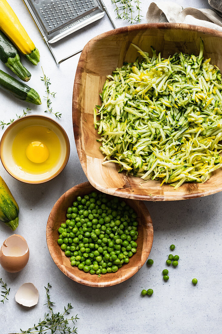 Courgette and pea fritter ingredients