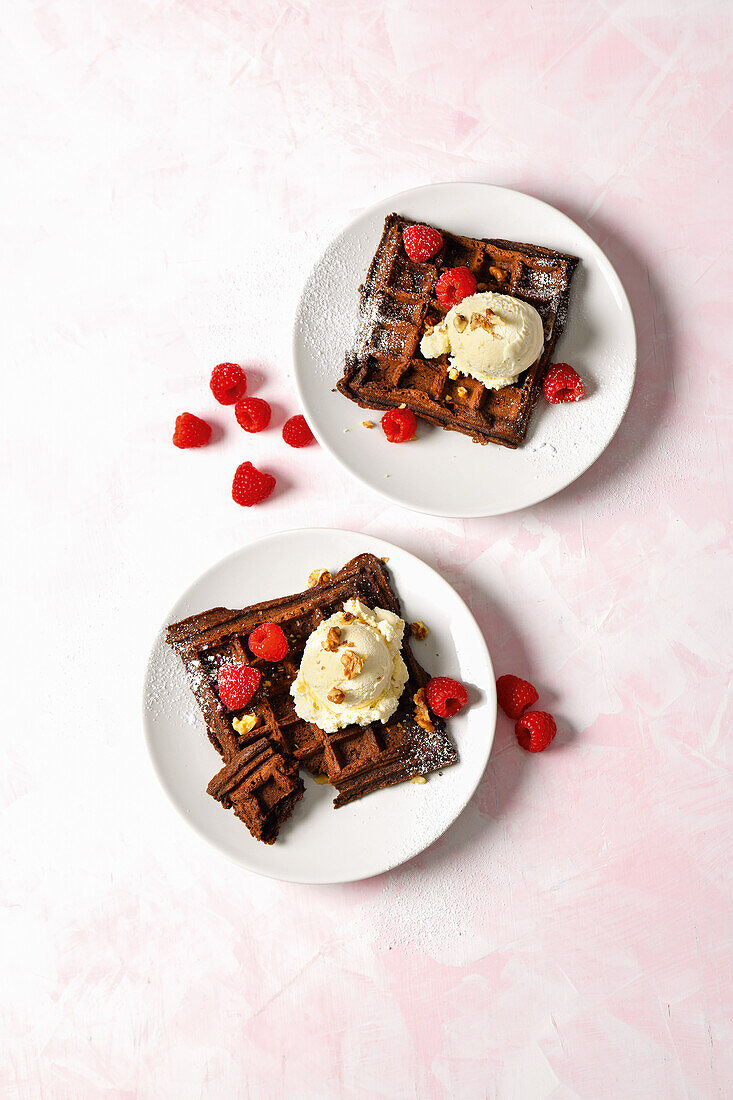 Brownie waffles with vanilla ice cream