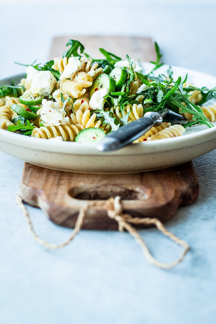 Pasta salad with honey mustard dressing and feta cheese