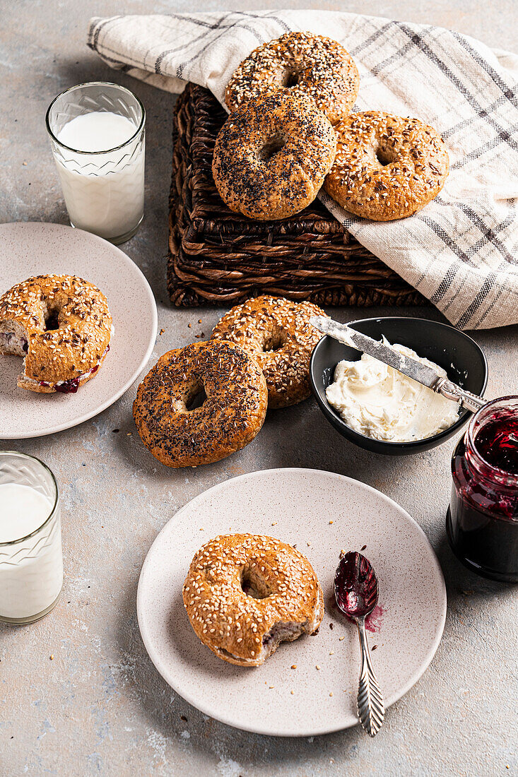 Bagels with cream cheese and jam