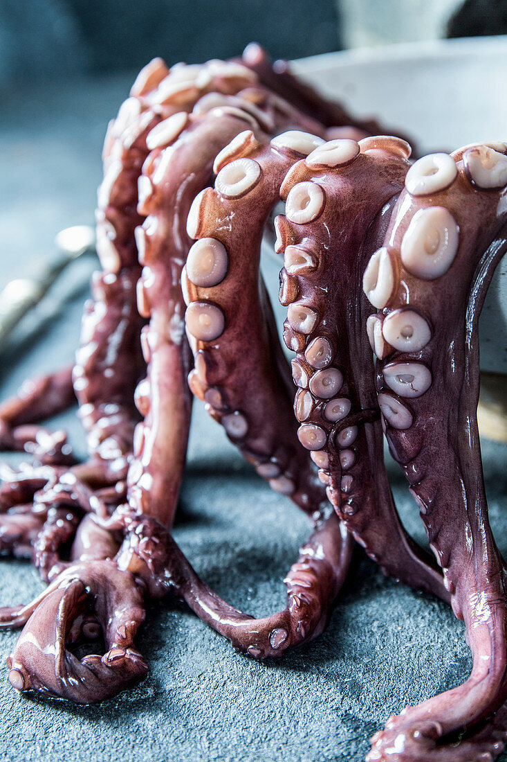 Large fresh octopus legs hanging from the pan