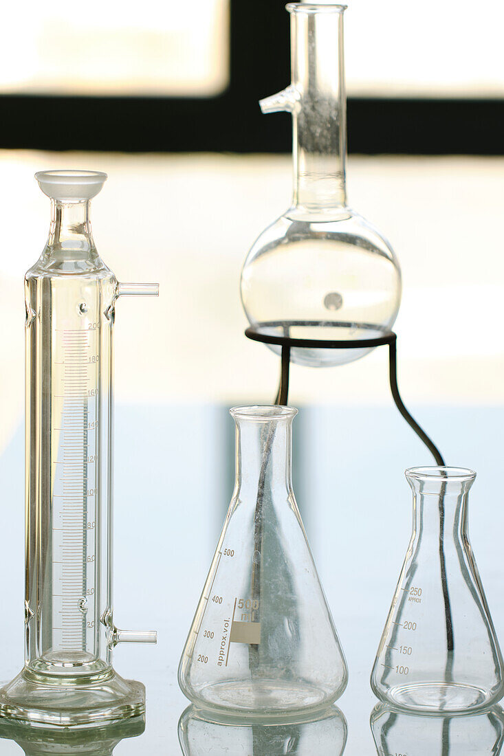 Glass flasks in a laboratory