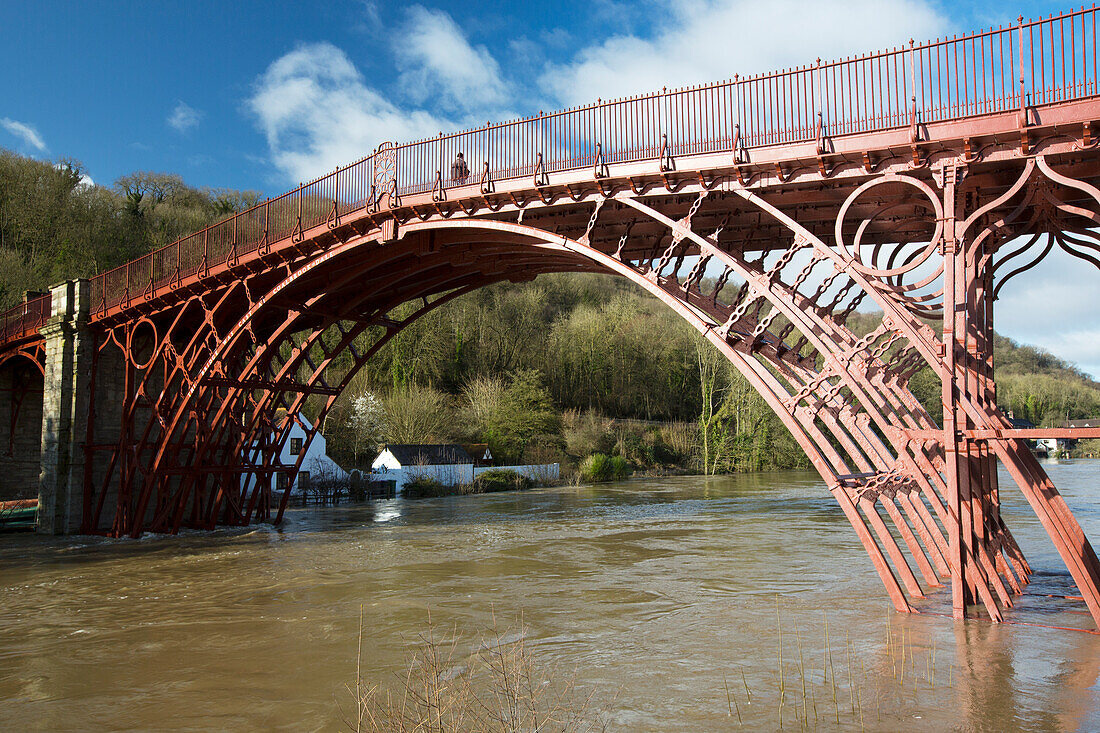 The Iron Bridge, Shropshire, UK during flooding