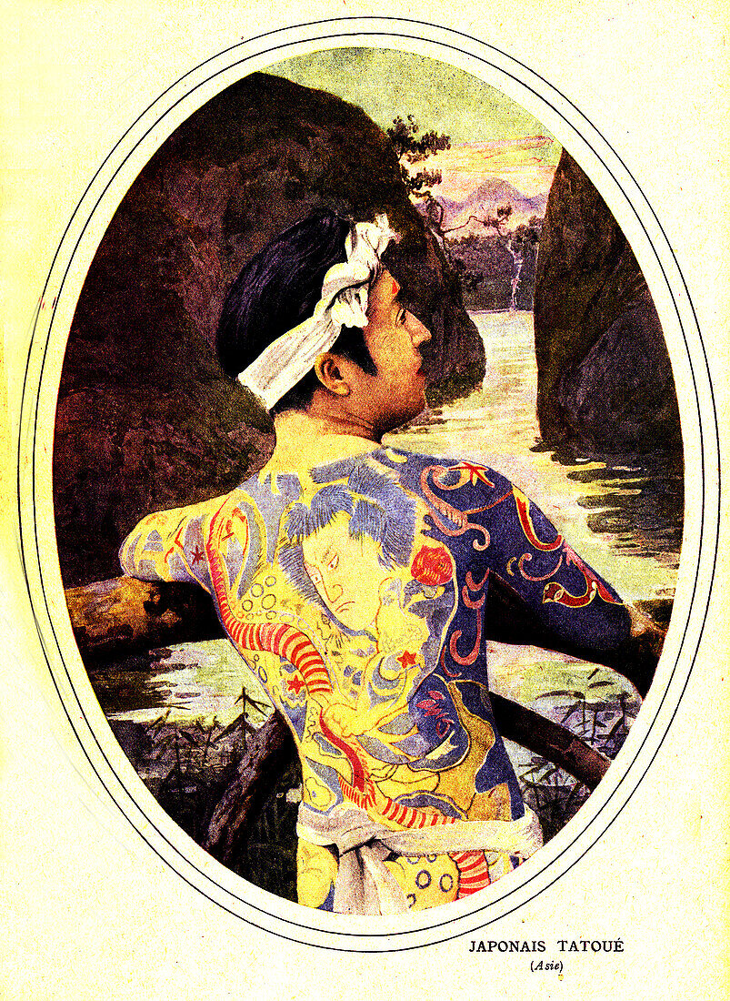 Japanese man with tattoos, 19th century illustration