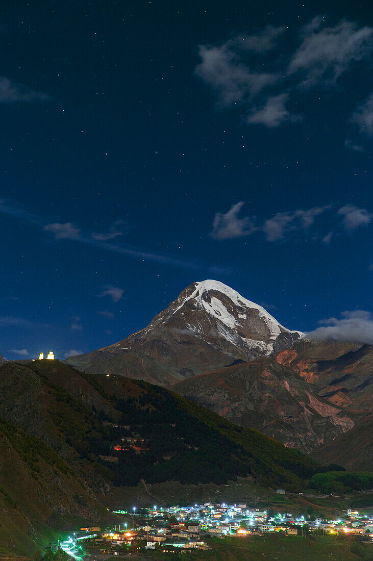 Moonlit night in Stepantsminda, Mount Kazbek, Georgia