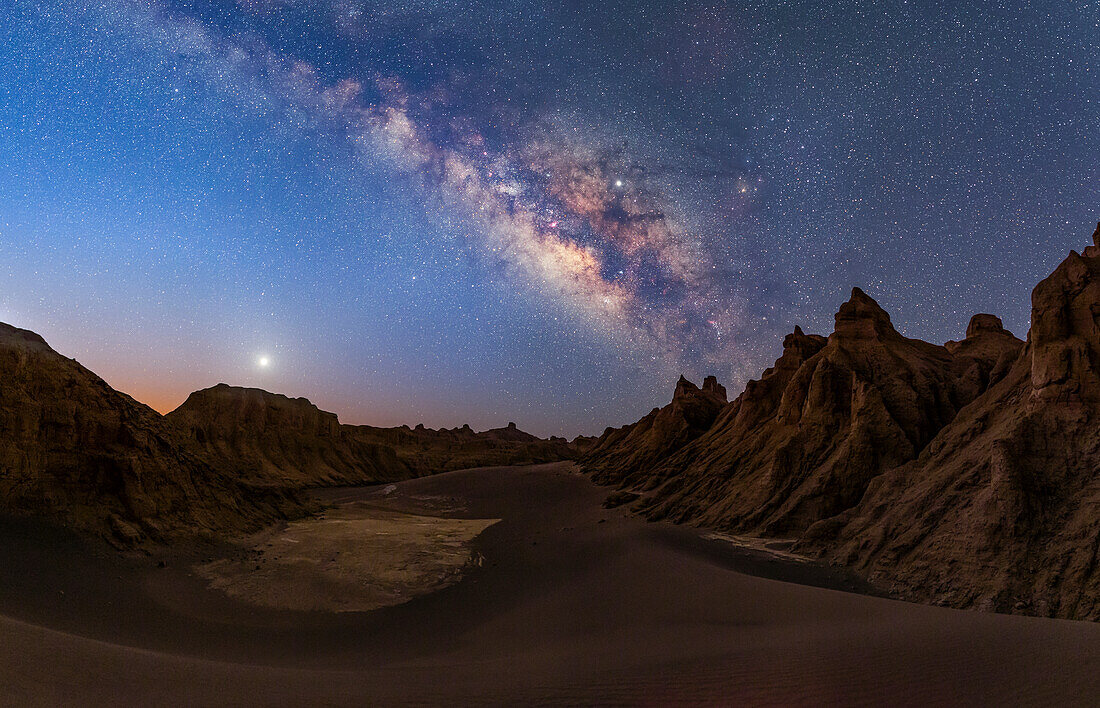 Milky Way and three planets, Lut desert, Iran