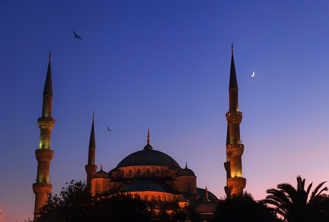 Crescent Moon over Sultan Ahmed Mosque, Istanbul, Turkey