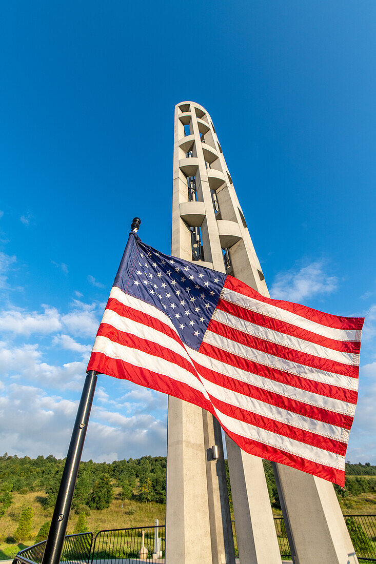 USA flag in front of Flight 93 Memorial, Pennsylvania, USA
