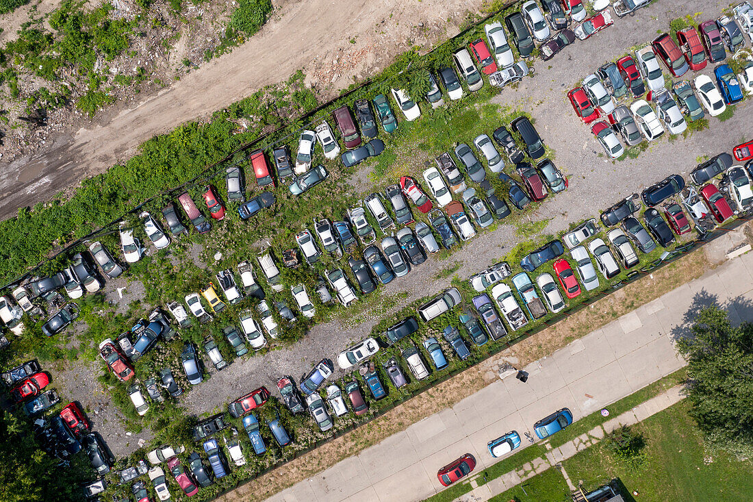 Automobile junk yard, aerial photograph