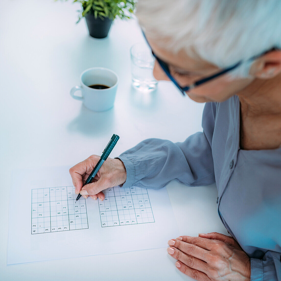 Senior woman solving sudoku puzzle