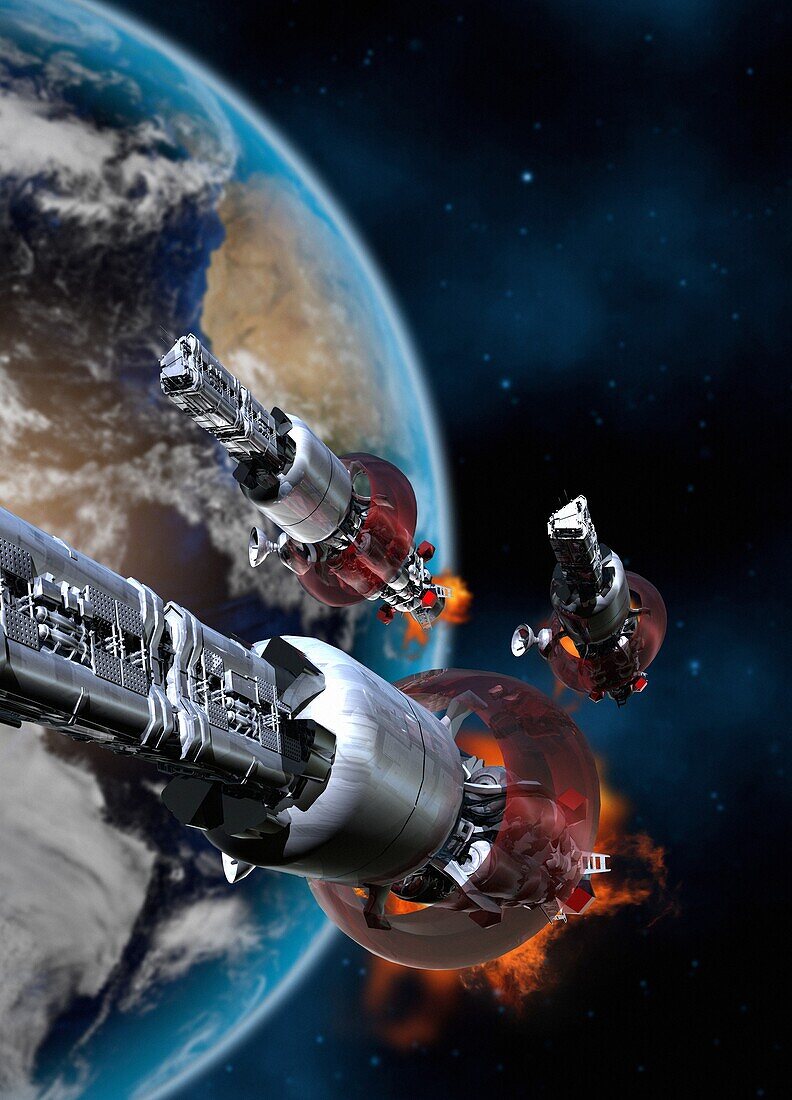 Spaceships using warp drive, conceptual illustration