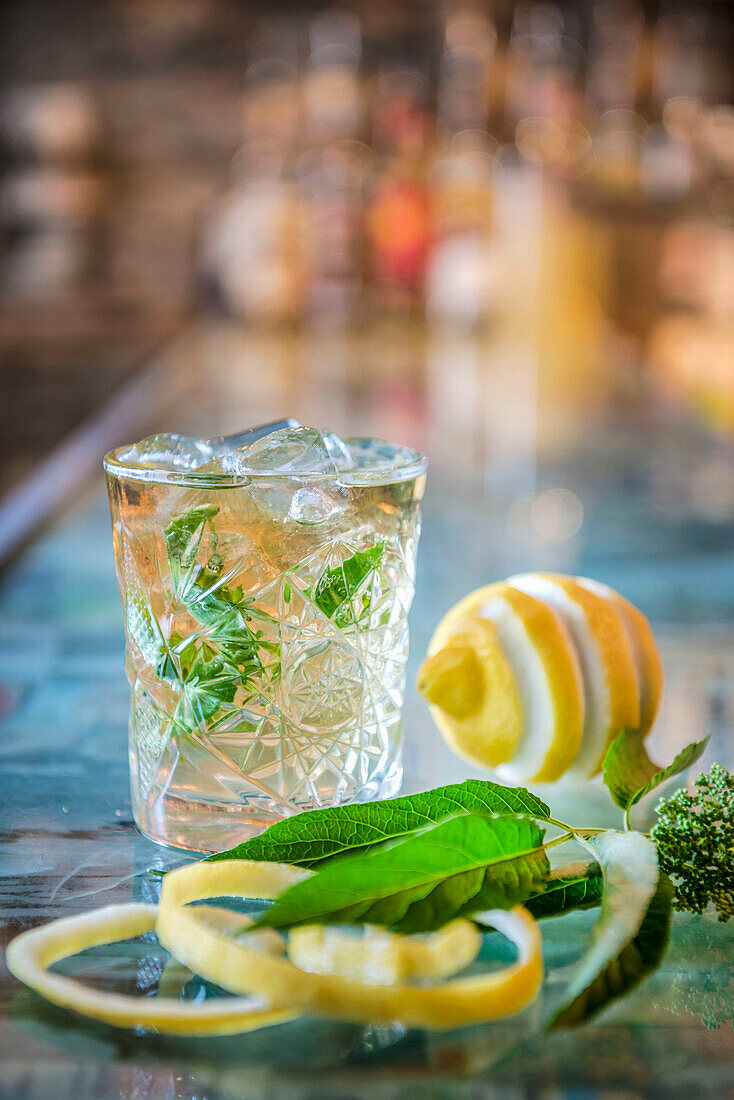 Flavored water with basil and lemon