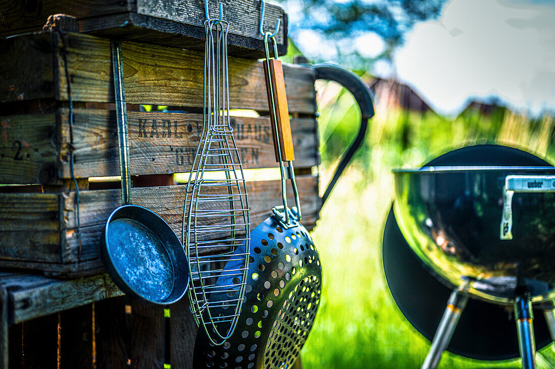 Barbecue utensils and Charcoal grill