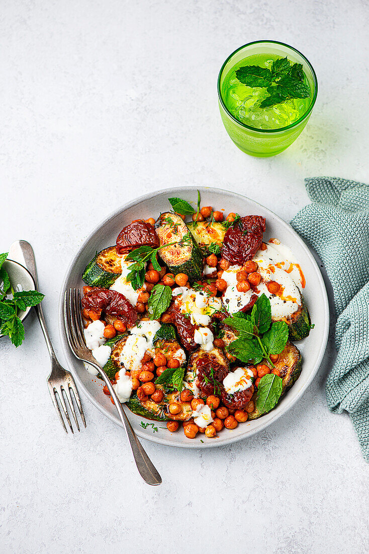 Grilled zucchini with roasted chickpeas