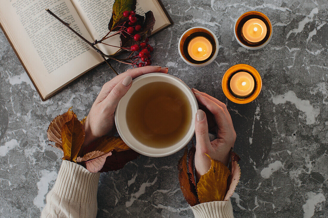 Hands holding cup with tea