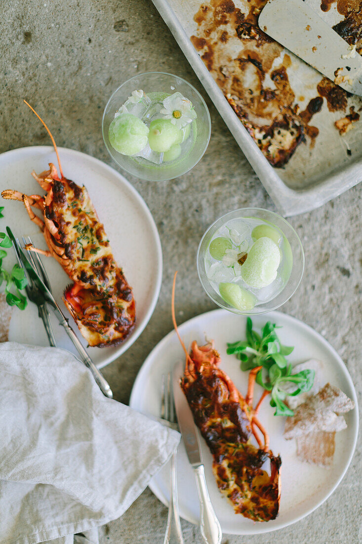 Baked lobster on plates