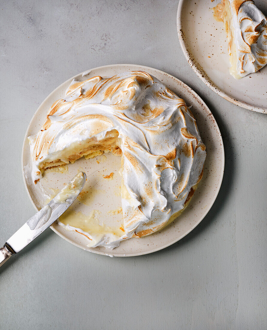 Lemon curd cake topped with meringue