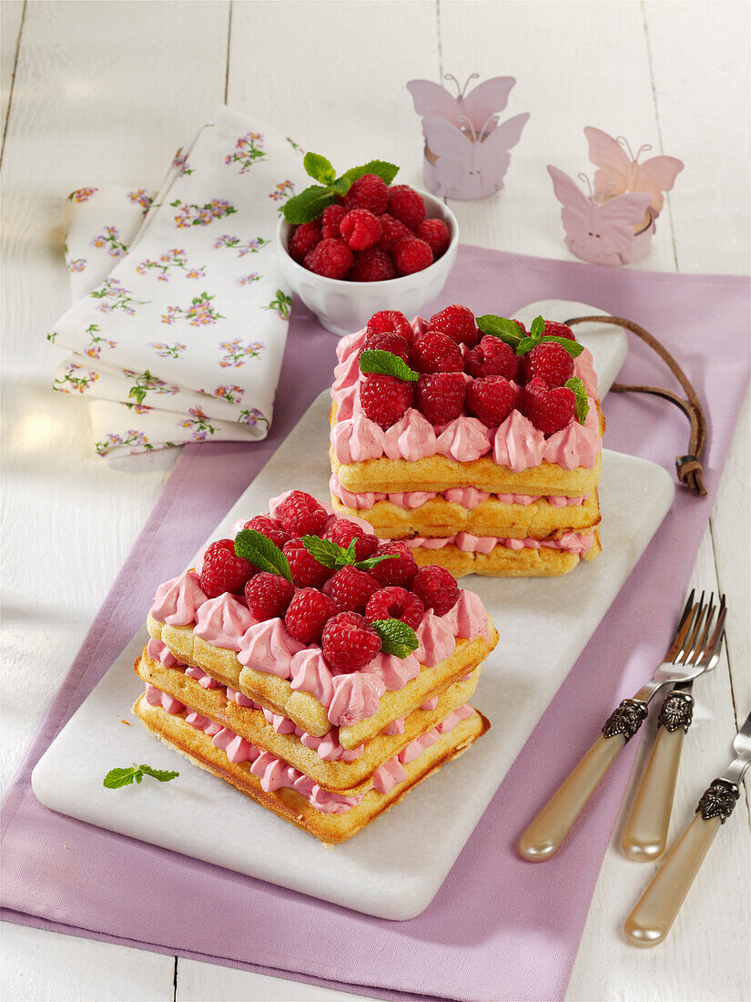 Raspberry waffle slices with yoghurt cream