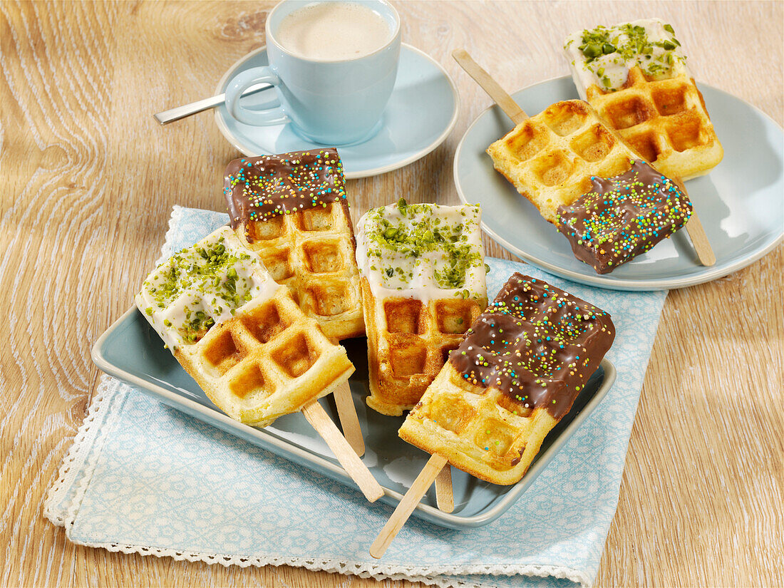 Waffles on sticks with chocolate glaze