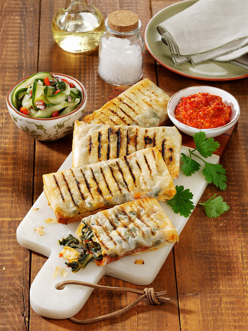 Greek strudel pastry parcels with vegetables and feta cheese