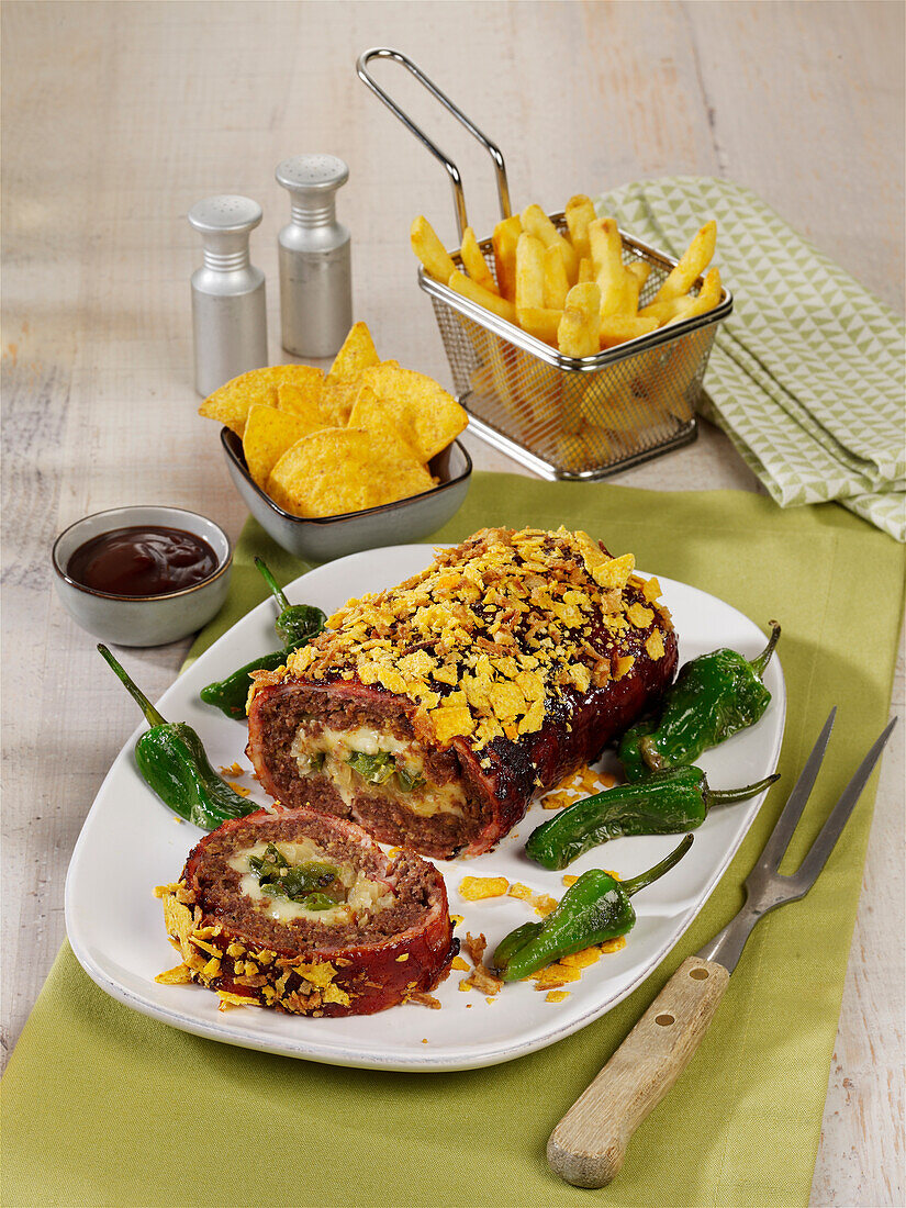 Hearty meatloaf with bacon, nachos and wasabi peanuts