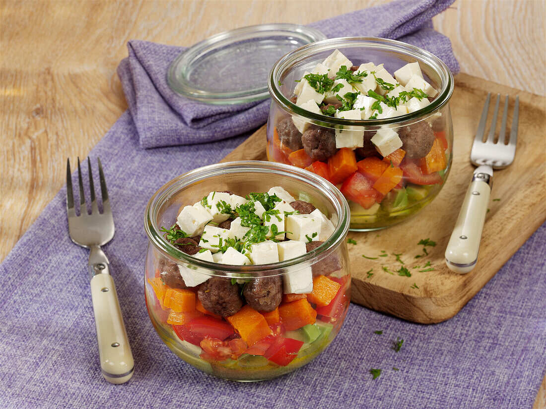 Meatball salad in jars