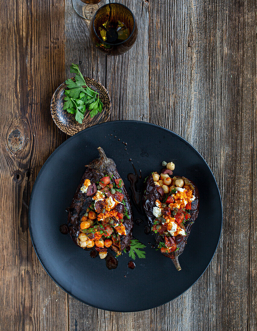 Aubergine kumpir with chickpeas and spiced butter