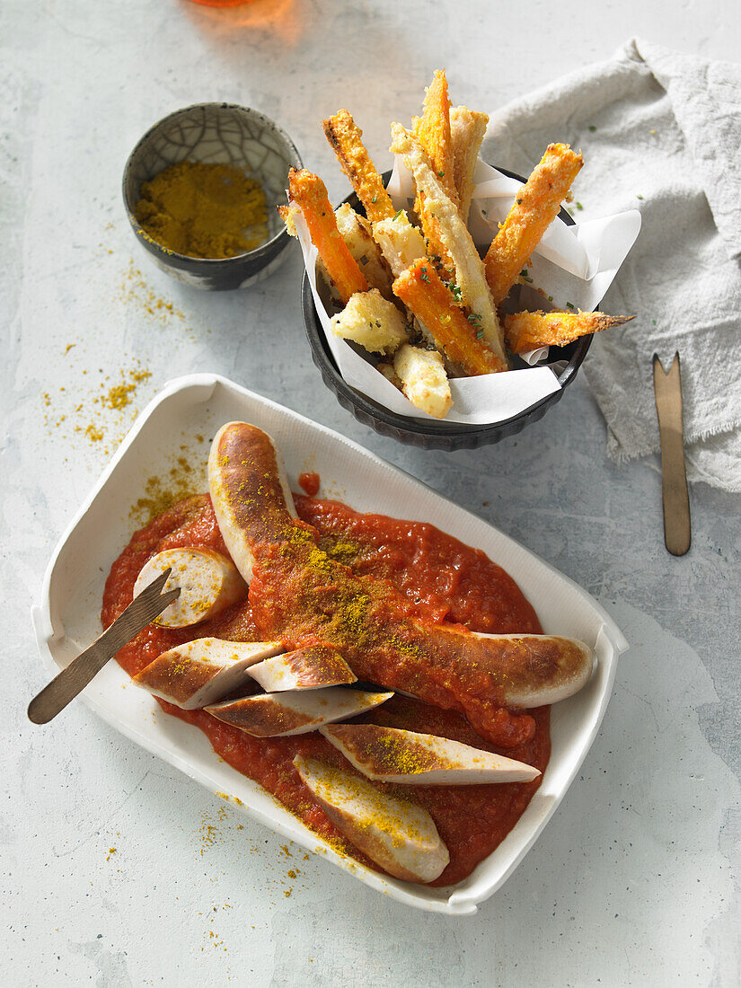 Currywurst mit Sauce und Gemüsefritten