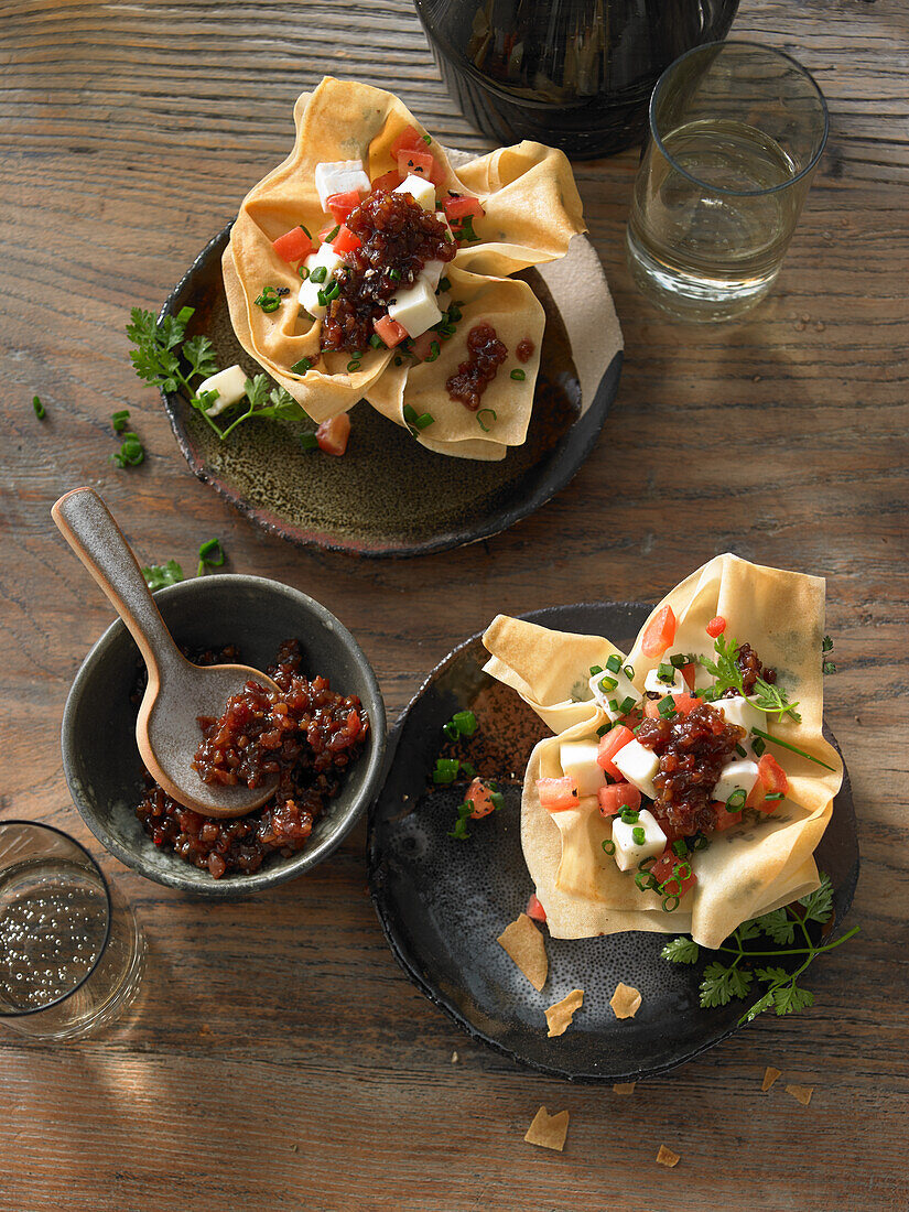Crisp bowls with brie and bacon jam