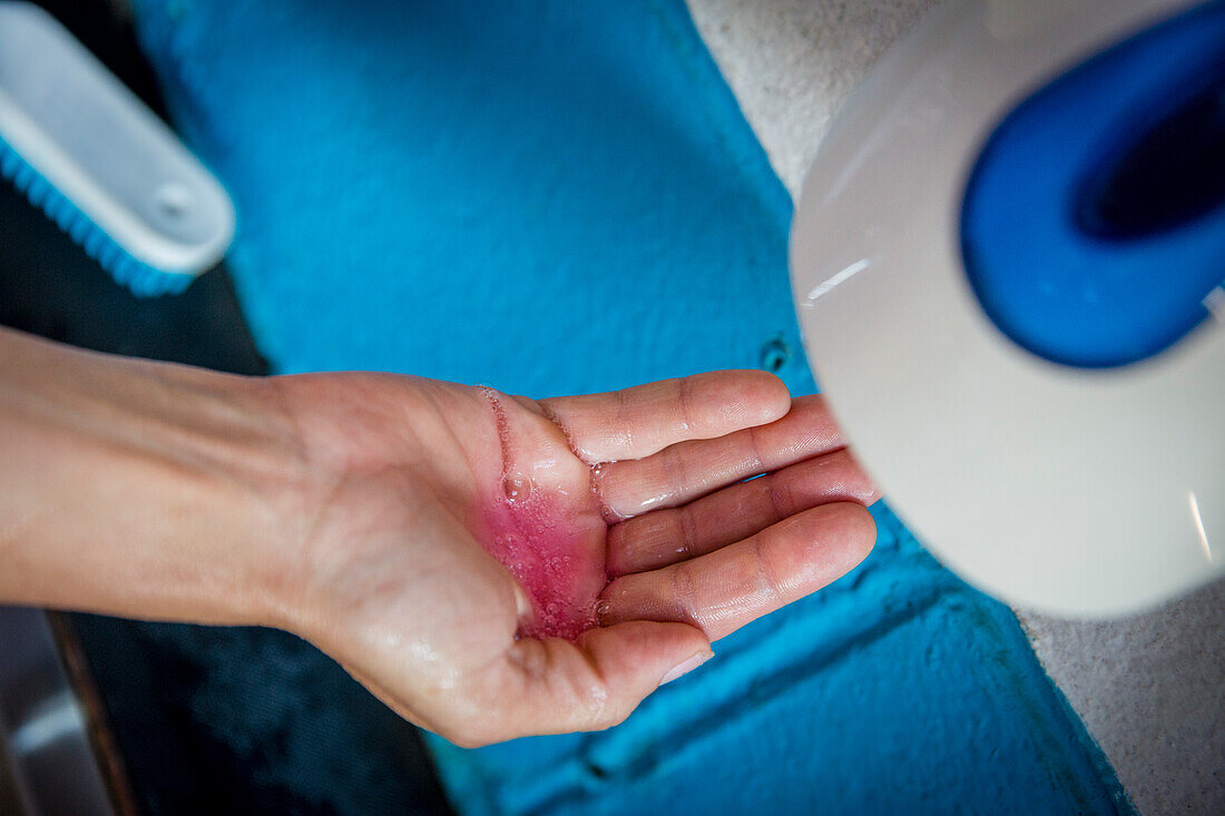 Close-up of woman s hand with liquid soap, Devon, England, UK