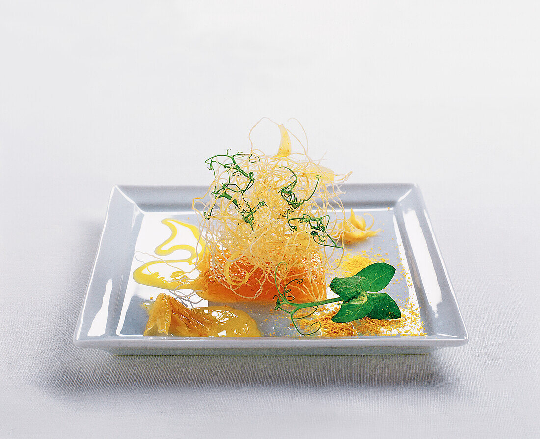 Jellied orange blossom vinegar with kataifi and pea cress