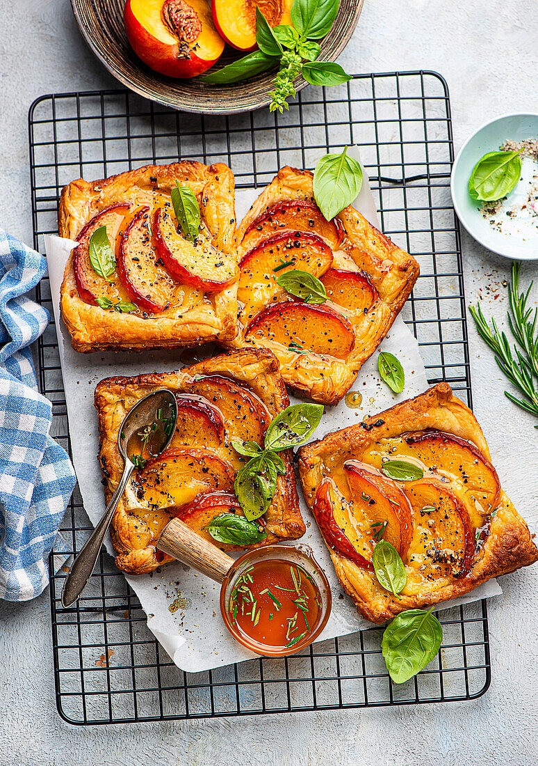 Peach and brie puff pastry with rosemary honey