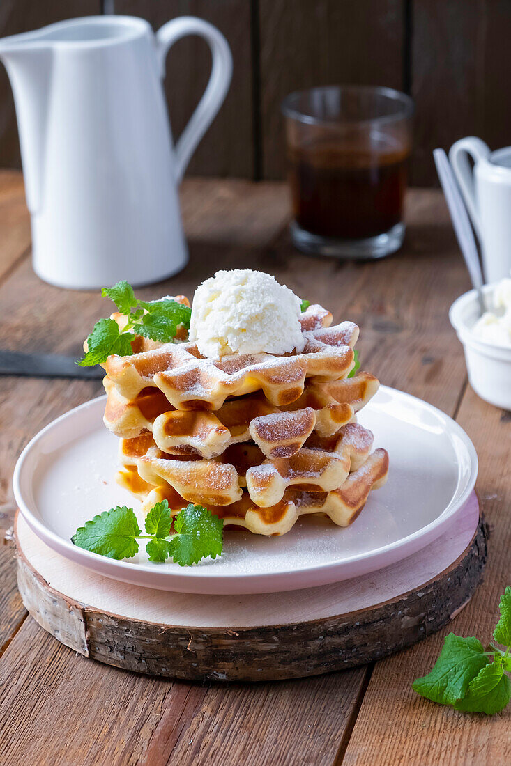 Waffles served with Vanilla ice cream