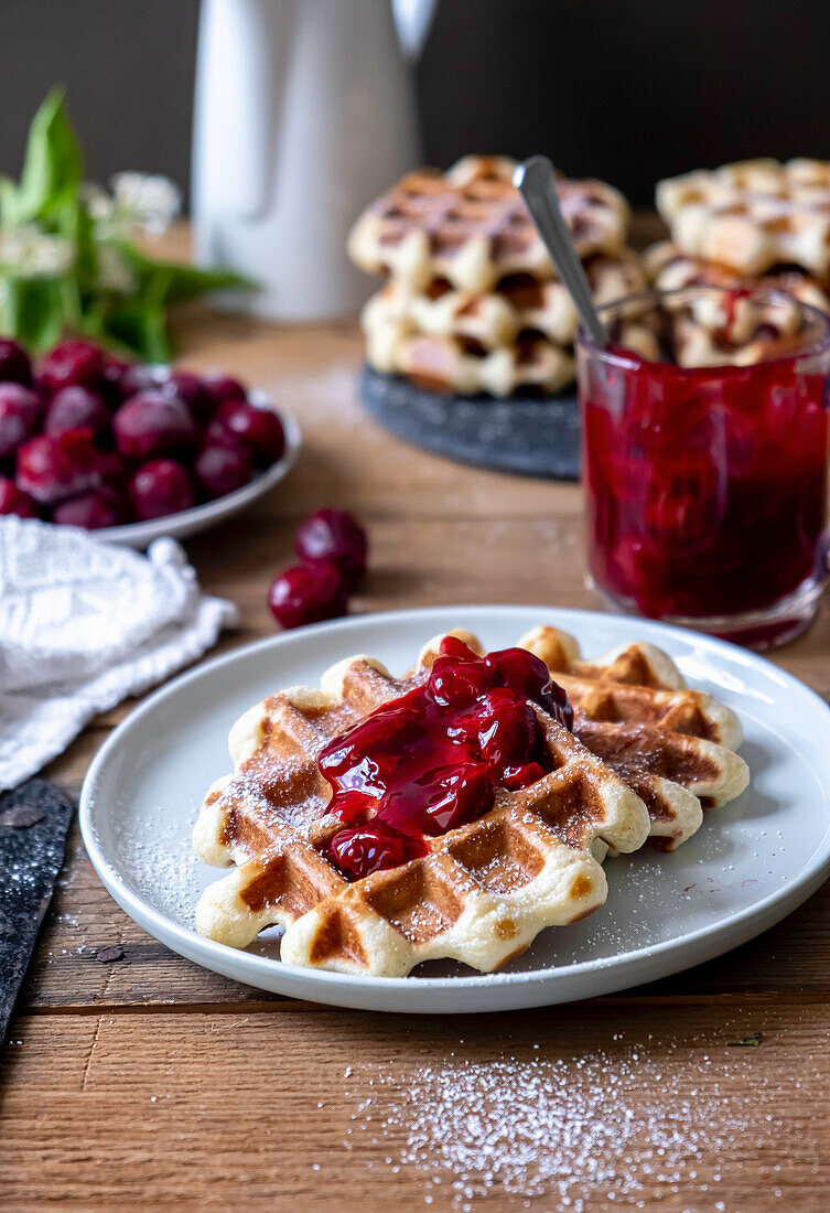 Belgian waffles with fresh yeast and cherry sauce