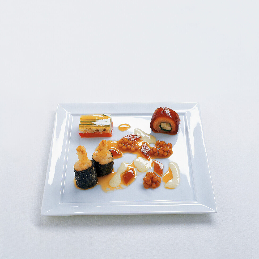 Yuzu marinade with yellowfin mackerel, asparagus tempura and soy jelly