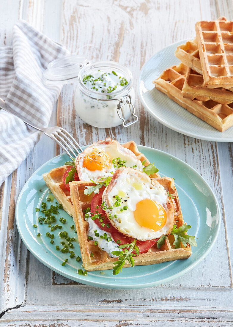 Cheese waffles with ham and fried egg