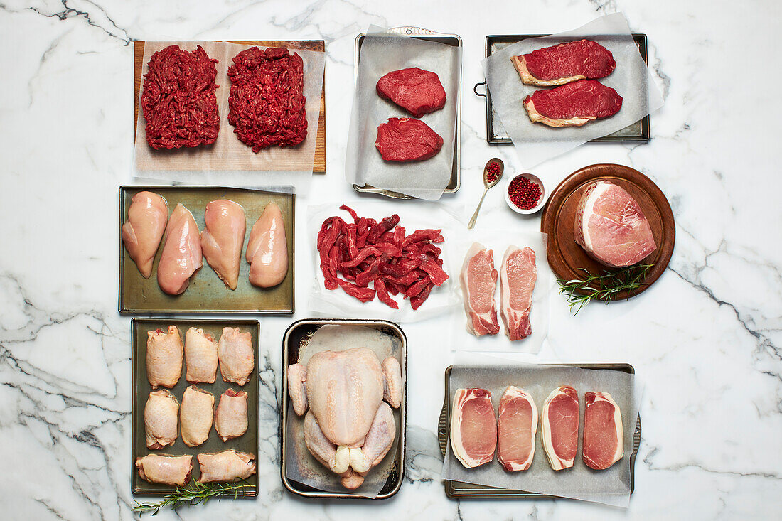 Various cuts of beef, pork, and poultry