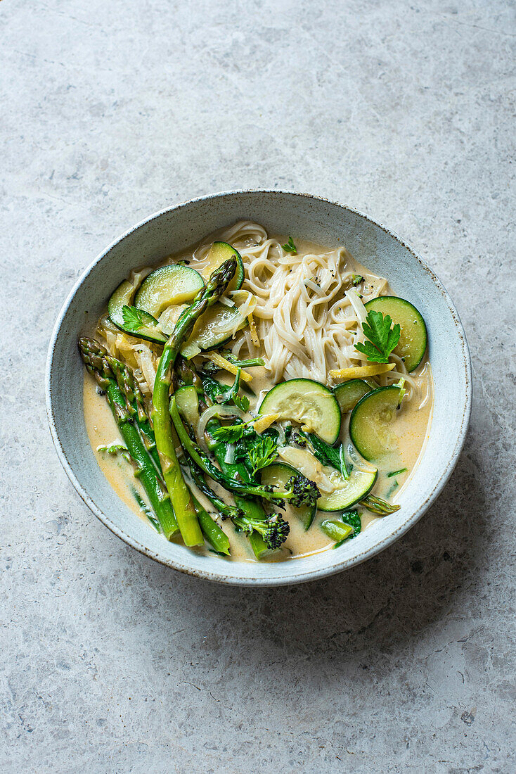 Green Vegetable Rice Noodles healthy savoury meal in a bowl