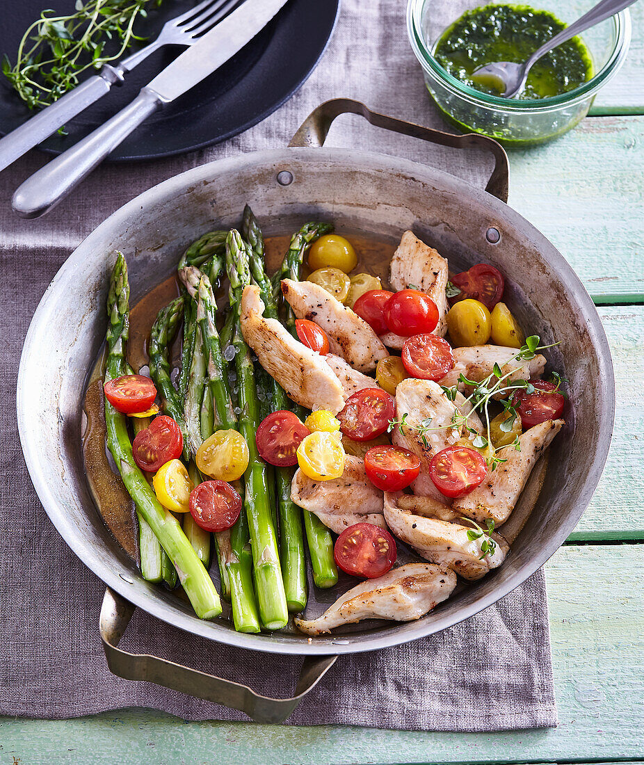 Chicken breast with cherry tomatoes and asparagus