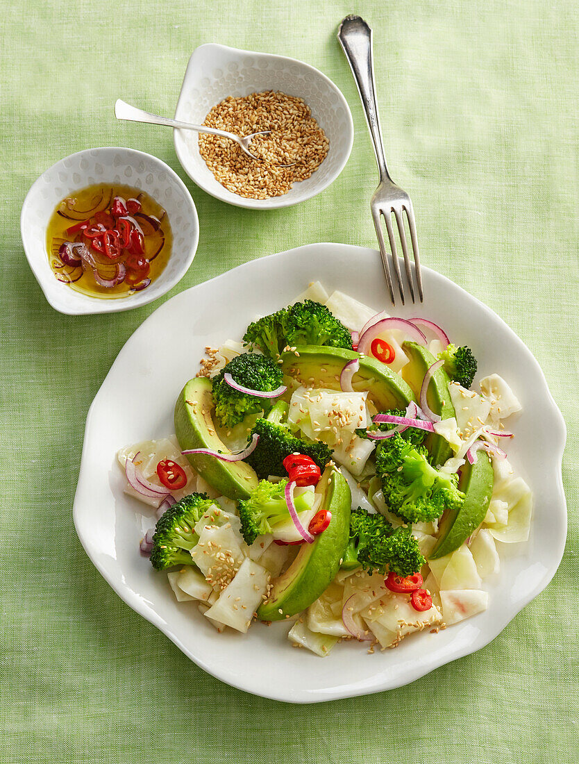 White cabbage salad with avocado and broccoli