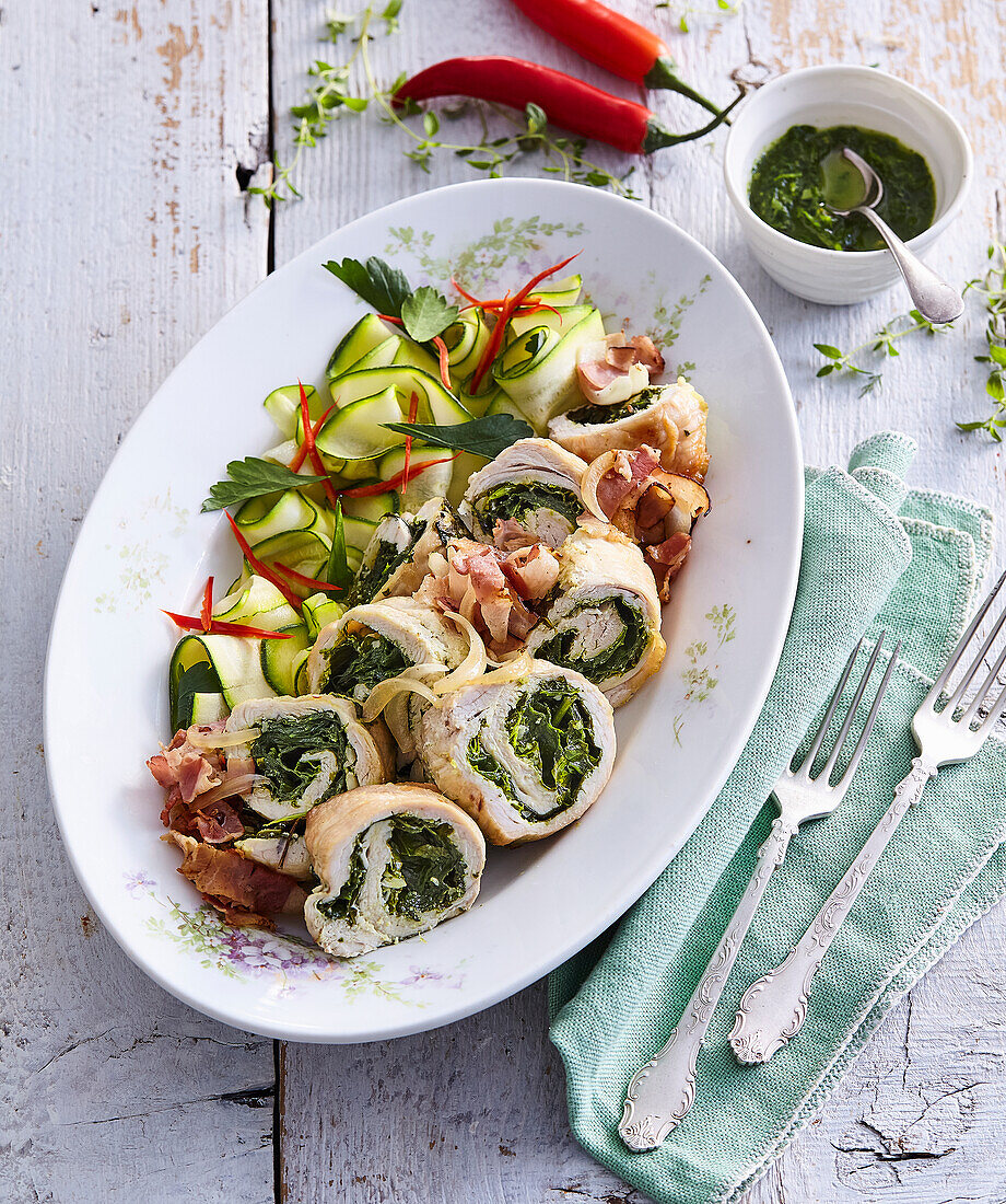 Turkey rolls with spinach and herb pesto