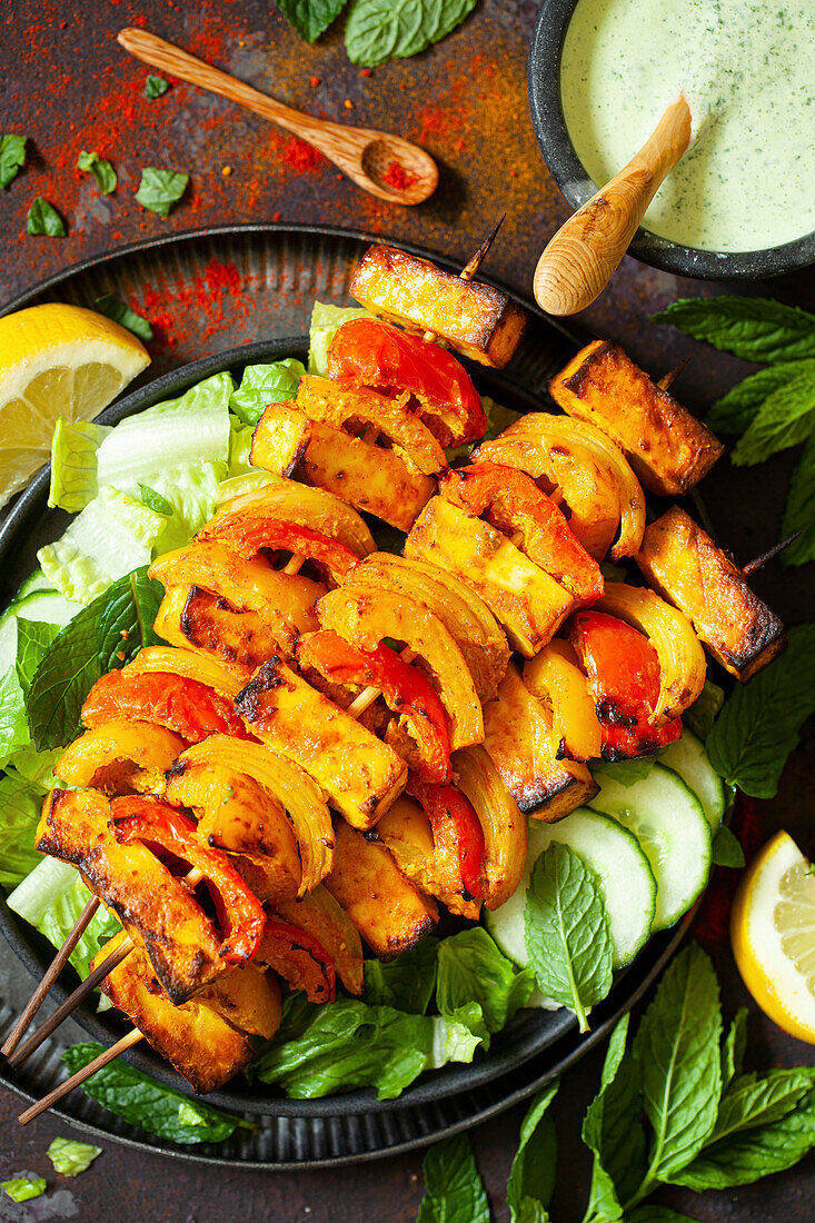 Paneer tikka kebabs with red and yellow peppers presented on a green salad with a lemon wedge for squeezing