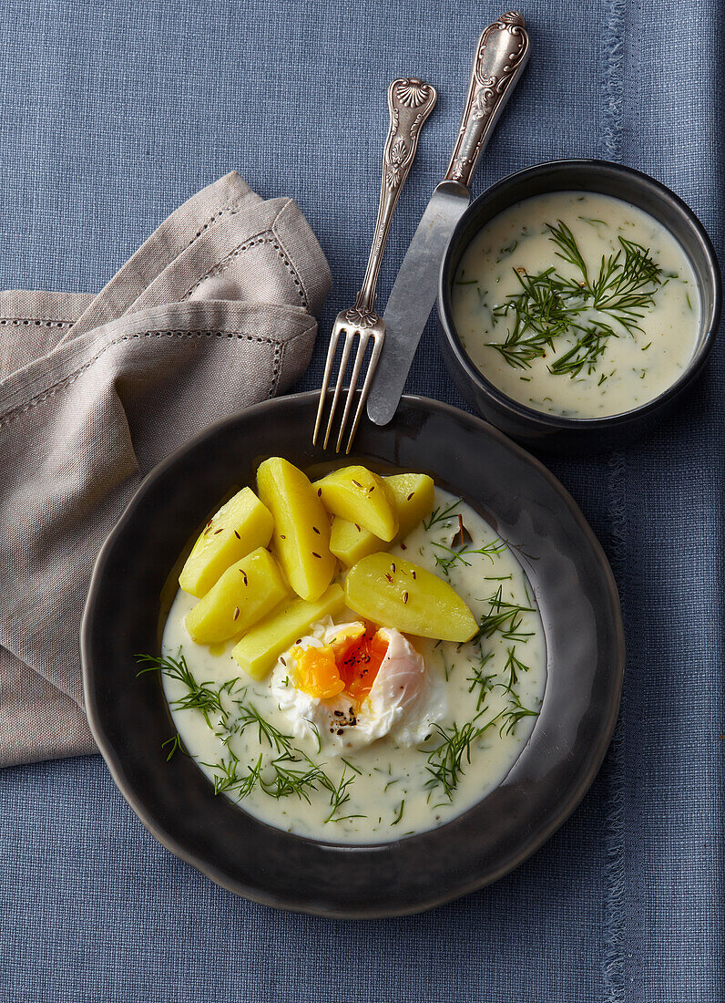 Dill sauce with poched egg