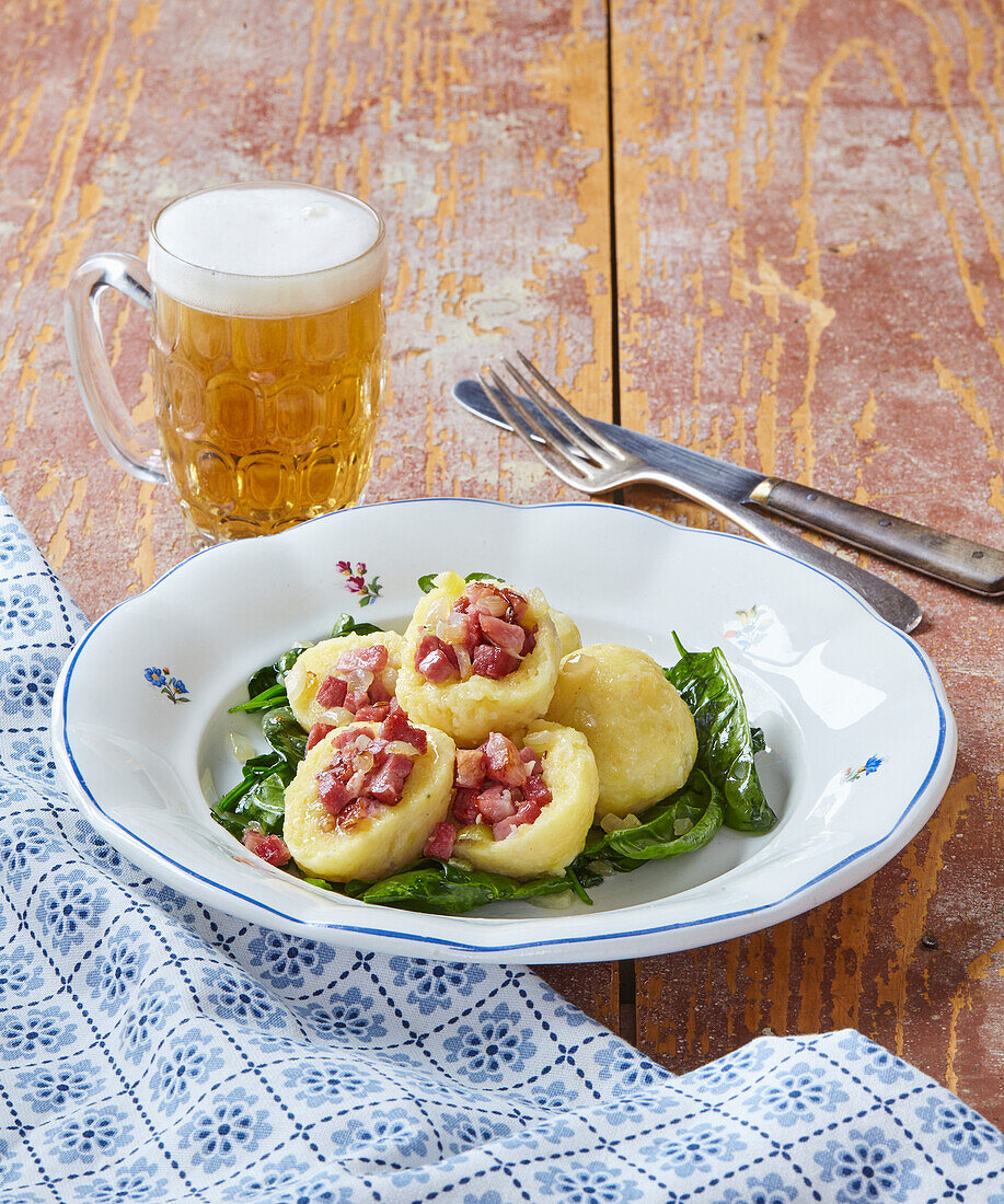 Potato dumplings with smoked meat stuffing