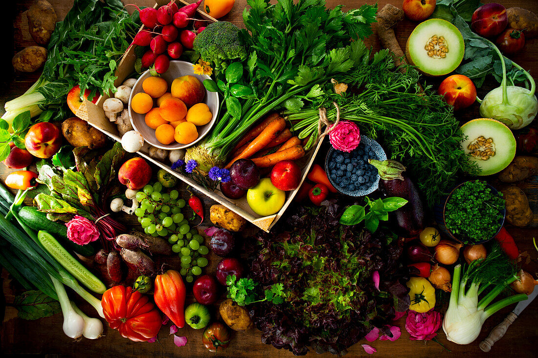 An arrangement of summer fruit and vegetables
